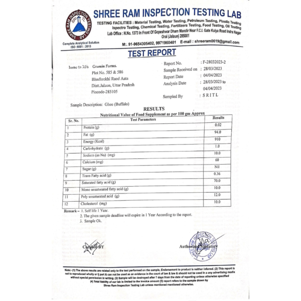 Buffalo ghee test report