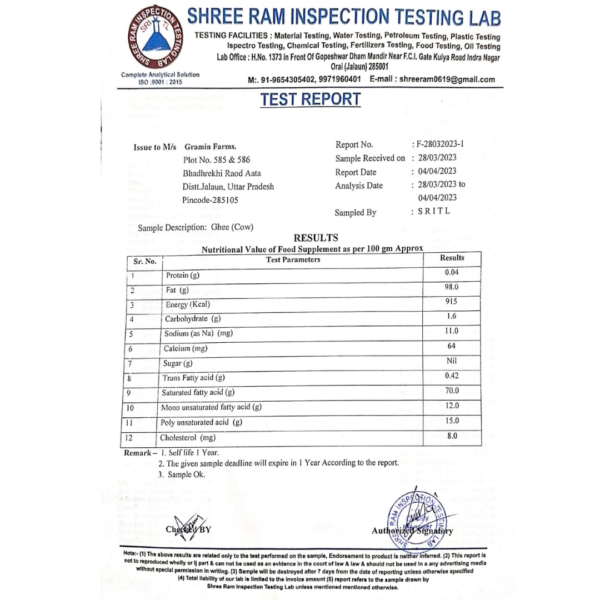 Cow ghee test report